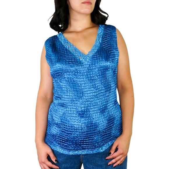 Vintage Nicola Blue Satin Lace Blouse 90s Popcorn Top Large - Picture 1 of 5